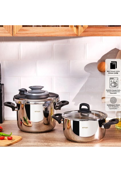 Emsan Montana İndüksiyon Tabanlı Düdüklü Tencere Seti Siyah Gri 4+6 Litre