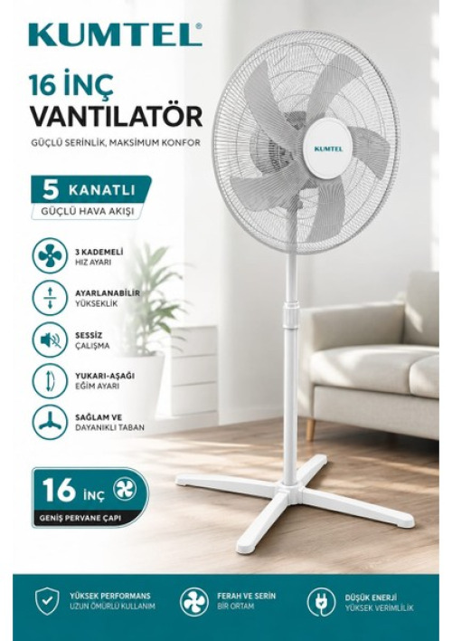 Kumtel KTF-355 Beyaz 16 Inç Ayaklı Vantilatör 50 W, 5 Pervaneli, 3 Kademeli, 121 cm Yüksekli